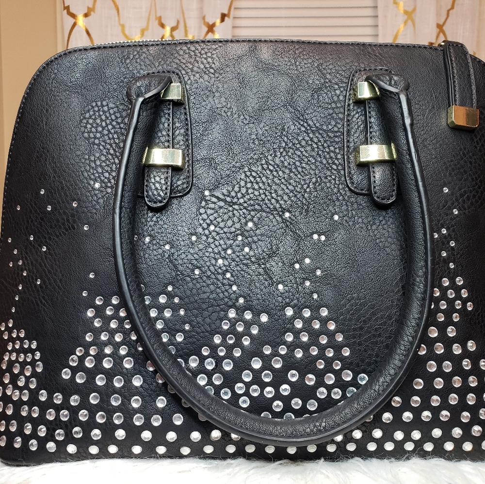 Large black handbag with rhinestones
